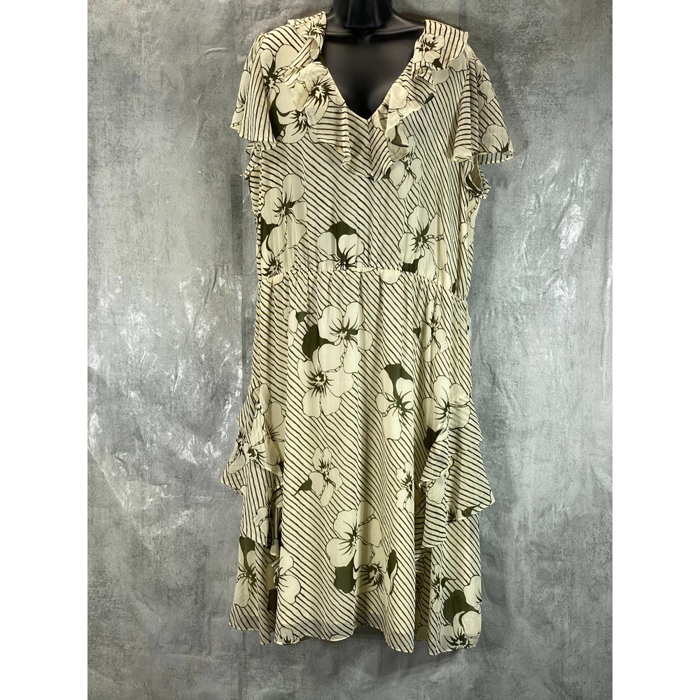 Lauren Ralph Lauren Women's Cream Striped Floral Crinkle Gerogette Dress SZ 18